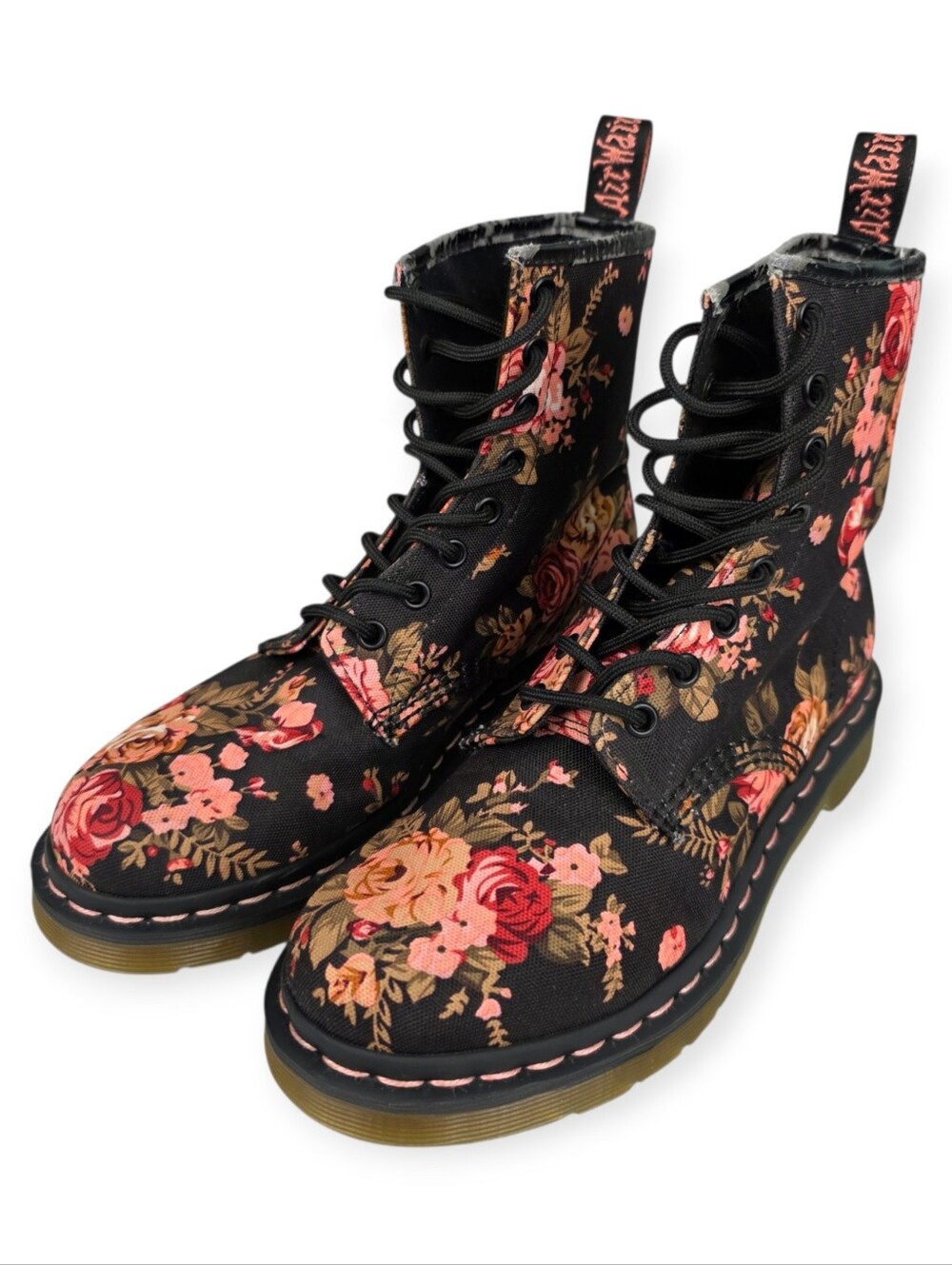 Doc Martens 11821 Victorian Flowers Floral Canvas Boots Women's US 7 Black Pink